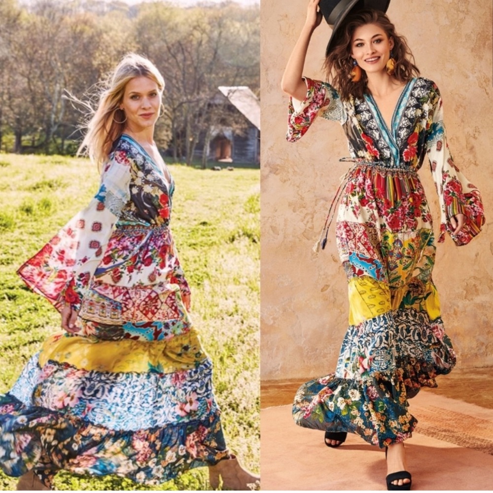 Johnny Was | Dibble Boho Patchwork 100% Silk Maxi Dress Size: Large - Picture 3 of 10